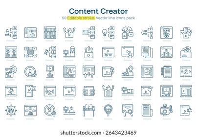 Content Creator line icon pack. Content Creator Stroke icon set. Editable Stroke icon