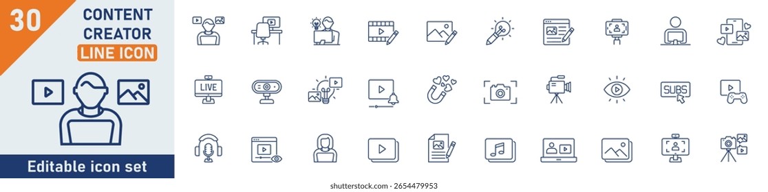Conjunto de ícones de linha do Criador de conteúdo. Conjunto de 30 ícones de tópicos relacionados à criação de conteúdo, blog, conteúdo, fluxo, mídia, influenciador, mídia social e outros. Traçado editável. Ilustração vetorial.