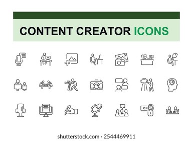 Content Creator linear icon collection. Includes thin line video, on, sound, phone, blog, streaming, media, art. Set of line pictogram. Vector illustration.