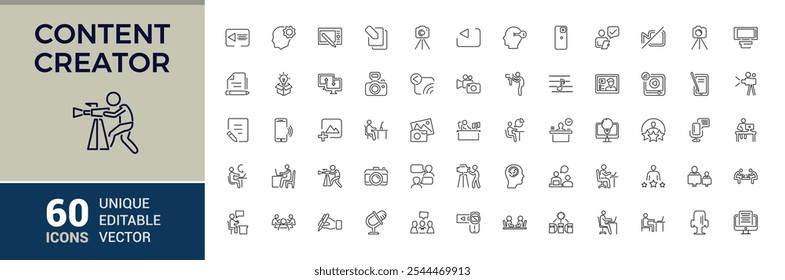 Content Creator linear icon collection. Includes thin line video, on, sound, phone, blog, streaming, media, art. Set of line pictogram. Vector illustration.