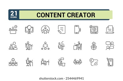 Content Creator linear icon collection. Includes thin line video, on, sound, phone, blog, streaming, media, art. Set of line pictogram. Vector illustration.