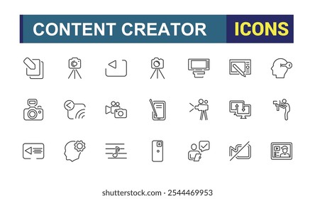 Content Creator linear icon collection. Includes thin line video, on, sound, phone, blog, streaming, media, art. Set of line pictogram. Vector illustration.