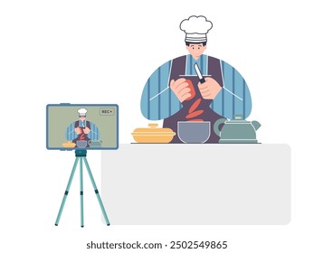 content creator making video vlogger blogger tutorial social media digital reach audience design icon illustration