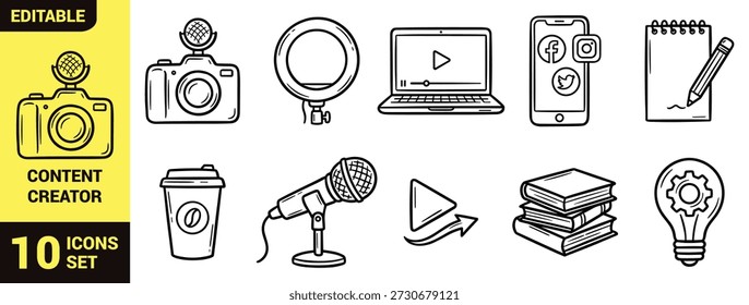 Content Creator and Media Production Line Icon Set with Camera, Microphone, Video Recording, Social Media, and Digital Vlogging Symbols