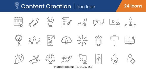 Content Creator Outline Icons Set of 24. Social Media, Influencer Linear Vector Editable Stroke Icons