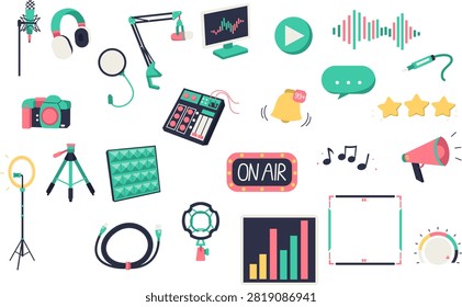 Content creator and podcast equipment flat illustration set with microphone, headphones, camera, ring light, mixer and audio recording icons in modern hand drawn style