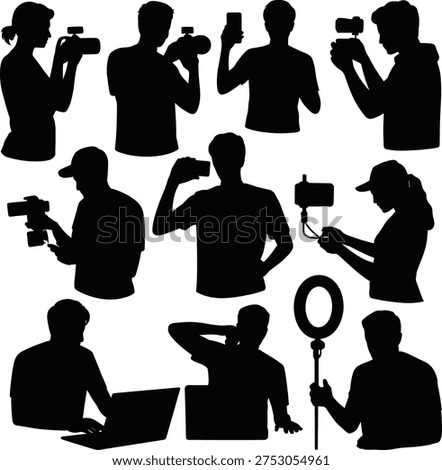 Content creator silhouettes collection, vloggers filming video with camera and smartphone, influencer recording social media content, blogging, streaming and digital media production concept vector set
