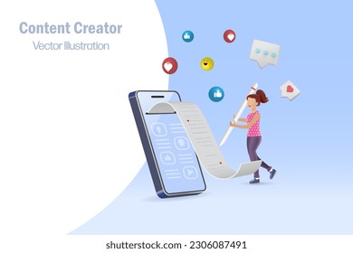 Content creator, social media marketing concept. Woman online writing content on smartphone screen attracting love, like, icons and followers to subscribe. 3D vector.