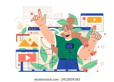 Content Creator Streaming, vector illustration. A creator engages with multimedia interfaces, symbolizing live streaming and content creation.