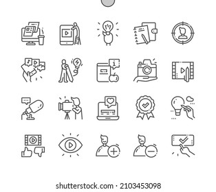 Content creator. Target audience. Idea and planning. Follow and unfollow. Subscribe. Pixel Perfect Vector Thin Line Icons. Simple Minimal Pictogram