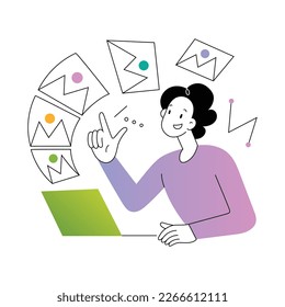 El creador de contenido utiliza un generador de IA para crear imágenes y una ilustración. Una joven sonriente usa una laptop para escribir un indicador de aplicación de inteligencia artificial, ilustración de vector de dibujos animados
