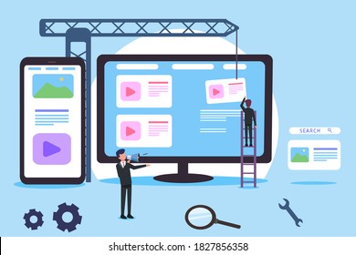 Content creator vector concept: Worker arrange content marketing on the computer monitor and mobile phone