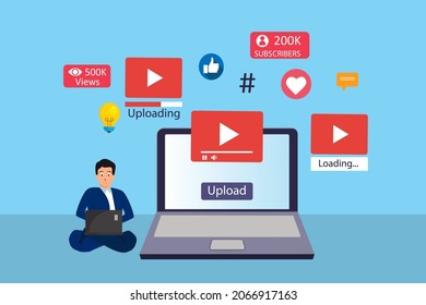 Content creator vector concept. Young man using a laptop while making a content video for online upload