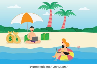 Content creator vector concept. Young couple using a laptop while enjoying holiday on the beach