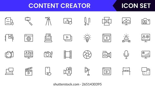Criador de conteúdo vetor web line icon collection, ilustrações elegantes de câmeras, canetas, laptops, ferramentas criativas para projetos vibrantes e inovadores.
