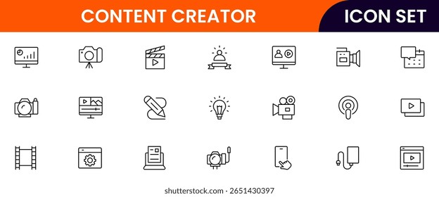 Content creator vector web line icon collection, sleek illustrations of cameras, pens, laptops, creative tools for vibrant, innovative designs.