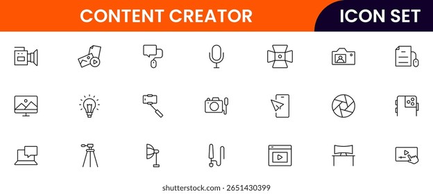 Criador de conteúdo vetor web line icon collection, ilustrações elegantes de câmeras, canetas, laptops, ferramentas criativas para projetos vibrantes e inovadores.
