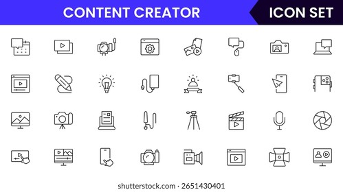 Content creator vector web line icon collection, sleek illustrations of cameras, pens, laptops, creative tools for vibrant, innovative designs.