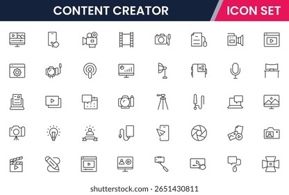 Criador de conteúdo vetor web line icon collection, ilustrações elegantes de câmeras, canetas, laptops, ferramentas criativas para projetos vibrantes e inovadores.