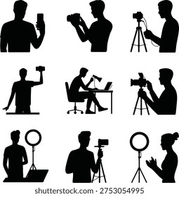 Content creator and videographer silhouette set with camera, tripod and ring light, social media influencer recording video vector illustration isolated on white background