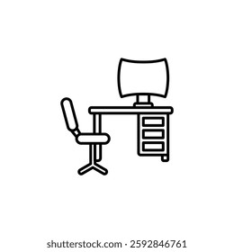 content creator work desk icon with wide screen pc, simple flat style, illustration, logo sign symbol pictogram template, for ui or ux isolated on white for mobile app, editable