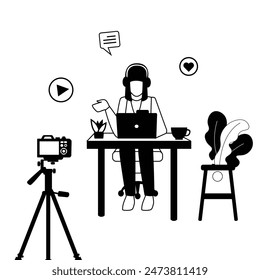 Content Creators Clip Art  Outline Illustrations Set, Digital Development multimedia recording Template.