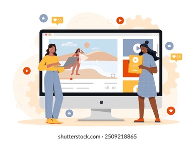 Conceito de criadores de conteúdo. Duas mulheres perto do monitor do computador. Pessoas criativas com vídeo para redes sociais. Blogueiros populares online. Ilustração de vetor plano isolada no plano de fundo branco