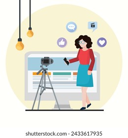 Content Creators Illustration Clip Art Template Set, Social Media Online live Video Stream Web Camera Streaming, Content For YouTube And Facebook Or Instagram.