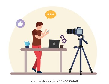 Content Creators Illustration Clip Art Template Set, Social Media Online live Video Stream Web Camera Streaming