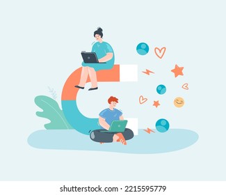 Content creators with laptops and magnet attracting followers. Freelance workers using marketing strategies on social media flat vector illustration. Creativity, communication concept for banner