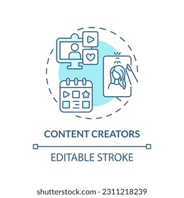 Content creators turquoise concept icon. Internet blog. Influencer marketing. Editorial calendar. Publish online abstract idea thin line illustration. Isolated outline drawing. Editable stroke