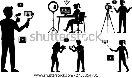 Content creators and vloggers silhouettes recording videos with camera, smartphone and ring light, social media streaming, online influencer and video blogging concept vector illustration
