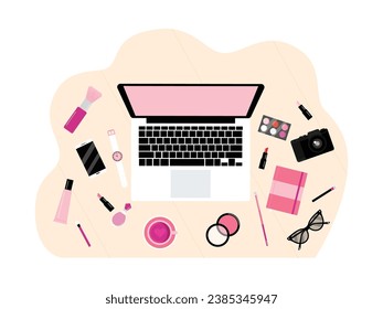 Content creators will create makeup videos, makeup tips with a minimalist concept, desk top view vector illustrations.