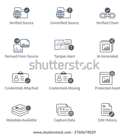 Content credentials and provenance icons set