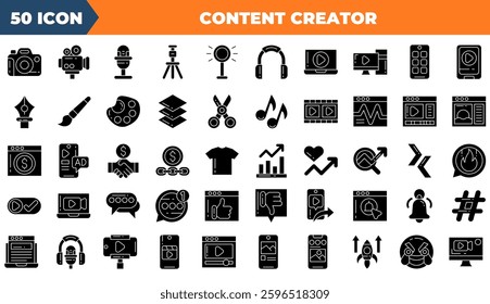 Content Cretaor icon set. Containing follower, social media, promotion,and more. Solid vector icons collection.
