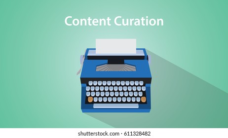 Content curation illustration with blue typing machine and a white paper and blue background 