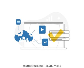 Content curation platform - digital asset management with cloud collaboration, AI tagging. Influencer marketing strategy with cross-team collaboration for marketing teams. Vector illustration