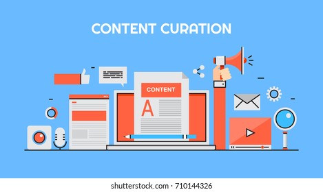 Content curation, web content marketing, promotion, social media post flat line vector illustration with marketing icons isolated on blue background