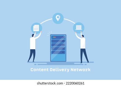 Content delivery network, CDN technology, People using CDN servers for global content distribution - vector illustration background