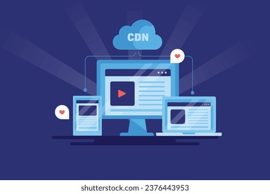 Content delivery network, Cloud CDN, Fast Content delivery on digital devices, Cloud hosting service, Website loading - vector illustration banner with icons