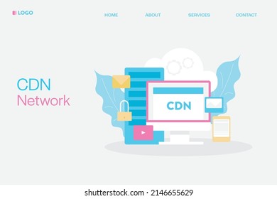 Content delivery network, fast content distribution through global server, CDN - flat design vector landing page template
