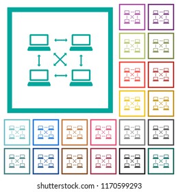 Content delivery network flat color icons with quadrant frames on white background