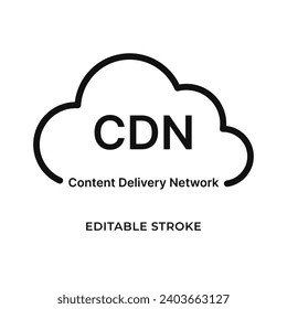 Content delivery network icon in the form of a cloud. Abbreviation CDN. Isolated vector illustration. Editable stroke.