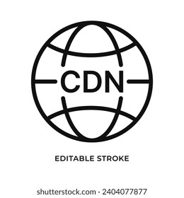 Content delivery network icon in the form of a globe. Abbreviation CDN. Isolated vector illustration. Editable stroke.