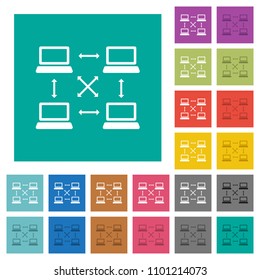 Content delivery network multi colored flat icons on plain square backgrounds. Included white and darker icon variations for hover or active effects.