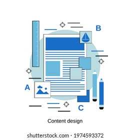 Content design, CMS system, web application development, website interface design flat design style vector concept illustration