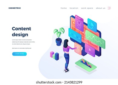 Content design landing page vector template. Customer relationship management website homepage interface idea with isometric illustrations. Audience research, attraction web banner 3D cartoon concept