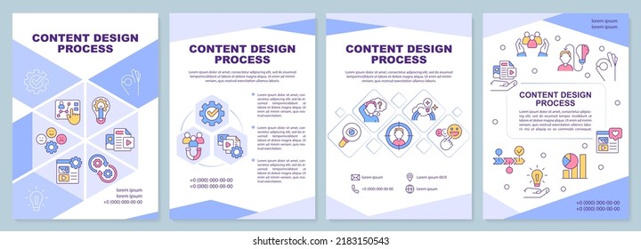 Content design process blue brochure template. Creation. Leaflet design with linear icons. Editable 4 vector layouts for presentation, annual reports. Arial-Black, Myriad Pro-Regular fonts used
