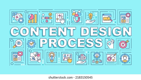 Content design process word concepts blue banner. Analytics. Infographics with editable icons on color background. Isolated typography. Vector illustration with text. Arial-Black font used