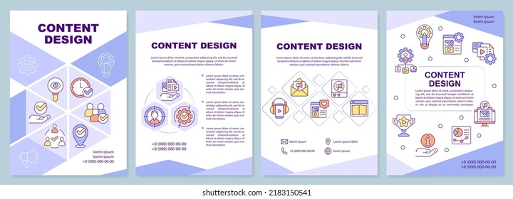 Content design purple brochure template. Digital marketing. Leaflet design with linear icons. Editable 4 vector layouts for presentation, annual reports. Arial-Black, Myriad Pro-Regular fonts used